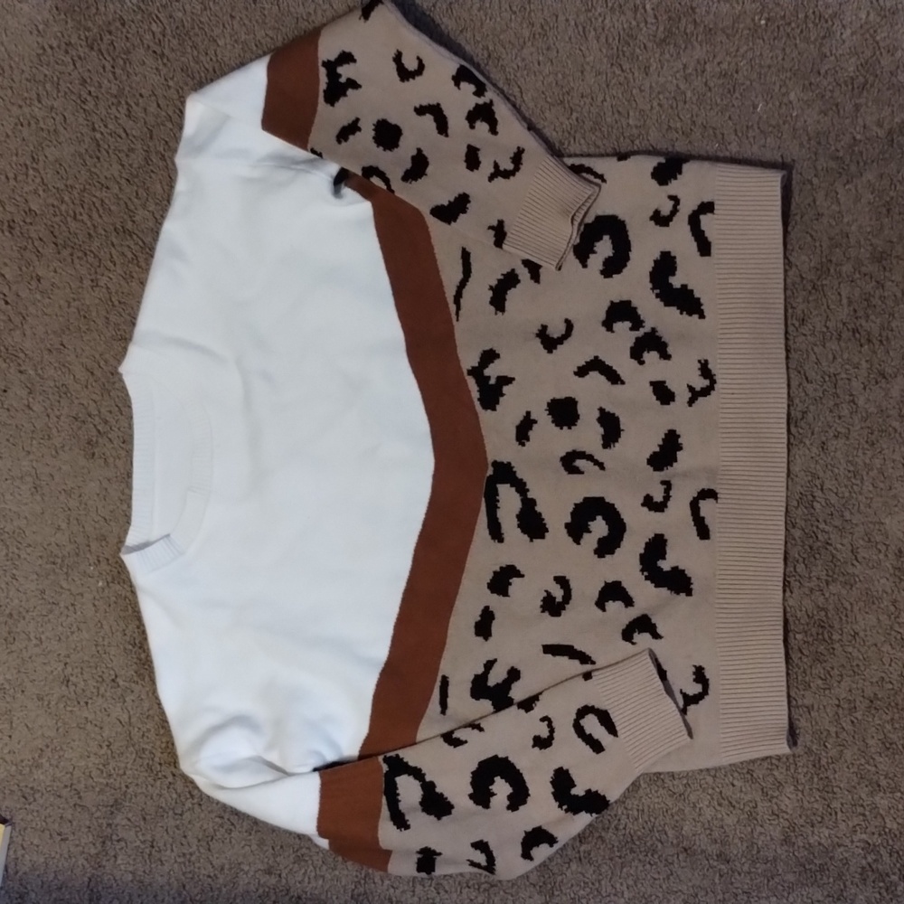 Leopard Print Brown Multi Long Sleeve Sweatshirt Chevron Stripe Solid Accents L